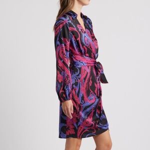 NWT NEW Tahari ASL Side Drape long Sleeve Satin Shirt Dress Paisley Print Size 6